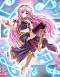  belt blue_eyes boots detached_sleeves headset knee_boots long_hair maruyama megurine_luka midriff musical_note pink_hair side_slit solo thighhighs very_long_hair vocaloid 