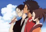  2boys artist_request cloud day fuu glasses highres japanese_clothes jinnosuke kimono kiseru mugen multiple_boys pipe samurai_champloo scan sky wallpaper 