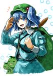  1girl banned_artist blue_eyes blue_hair bow colored_eyelashes eyelashes hair_bobbles hair_bow hair_ornament hat kappa kawashiro_nitori key open_mouth reeds ria salute smile solo touhou twintails two_side_up wrench 