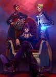  2girls alcohol blonde_hair blue_fire choker cigarette crossed_legs cup cupping_glass drinking_glass fan fire flame green_legwear mature_(kof) multiple_girls oropi pantyhose pink_legwear red_hair short_hair sitting the_king_of_fighters throne vice wine wine_glass yagami_iori 