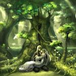  1girl animal bad_id bad_pixiv_id bird blonde_hair chibi_(shimon) copyright_request couple dress elf forest hetero nature pointy_ears tree 