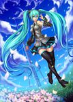  aka_(shoumae) aqua_eyes aqua_hair bad_id bad_pixiv_id breasts cloud day detached_sleeves flower hands hatsune_miku headset legs lips long_hair medium_breasts necktie open_mouth petals skirt solo thighhighs twintails very_long_hair vocaloid zettai_ryouiki 