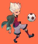  1boy bantrain blonde_hair brown_eyes full_body gouenji_shuuya inazuma_eleven inazuma_eleven_(series) male male_focus simple_background soccer solo togatsuko 