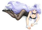  animal_ears blue_hair bow bowtie breasts cleavage dog_ears dog_tail fang genderswap genderswap_(mtf) heterochromia high_heels large_breasts legs leotard long_hair lying monocle on_side pantyhose pixiv_gakuen playboy_bunny_leotard shoes solo tail usuishi_tenchou wrist_cuffs yagisaka_seto 