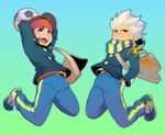  2boys bantrain blonde_hair blush brown_eyes endou_mamoru gouenji_shuuya inazuma_eleven inazuma_eleven_(series) male male_focus multiple_boys scarf short_hair simple_background smile soccer togatsuko 