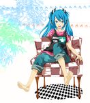  barefoot blue_eyes blue_hair casual chair denim feet full_body hatsune_miku headphones highres jeans long_hair pants sitting smile soles solo toes twintails vocaloid yato 