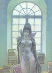  absurdres black_hair book cape circlet dress earrings highres jewelry karla_(record_of_lodoss_war) lipstick long_hair makeup no_bra ponytail record_of_lodoss_war scan smile solo standing window witch yuuki_nobuteru 
