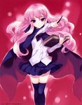  absurdres book cape highres long_hair louise_francoise_le_blanc_de_la_valliere pink_background pink_eyes pink_hair scan smile thighhighs usatsuka_eiji wand zero_no_tsukaima 