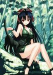  1girl absurdres black_hair bou breasts cat cleavage dress forest hands highres kuroshiba_kanae large_breasts legs long_hair long_legs nature red_eyes sitting solo 