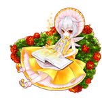  apple armpits bad_id bad_pixiv_id bare_shoulders book bow bowtie bra dress flat_chest food fruit gloves headdress lingerie long_hair open_mouth original purple_eyes red_eyes sakiyo_cake simple_background sitting solo sparkle underwear white_hair wings 