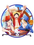  3boys bracelet brothers chest coin cravat hat highres jewelry map money monkey_d_luffy multiple_boys necklace one_piece open_clothes open_shirt pole portgas_d_ace professorh red_shirt sabo_(one_piece) scar shirt siblings skull smile stampede_string straw_hat striped striped_shirt top_hat 