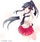  bag black_hair breasts gloves handbag kantai_collection kinosaki_reisui large_breasts long_hair looking_at_viewer midriff miniskirt navel open_mouth ponytail red_eyes red_skirt ribbon scarf school_uniform serafuku skirt solo yahagi_(kantai_collection) 