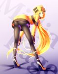  1girl arc_system_works artist_request ass bent_over blonde_hair blue_eyes breasts character_name dress fingerless_gloves from_behind fur_hat gloves guilty_gear guilty_gear_xrd hat high_heels leaning leaning_forward long_hair looking_back millia_rage orange_dress pantyhose short_dress ushanka very_long_hair 