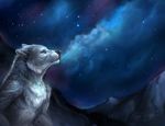  breath canine fur grey_fur looking_up male mammal mountain night rhyu shooting_star sky solo stars wolf 