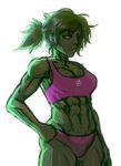 abs bad_id bad_tumblr_id breasts cleavage green_hair green_skin hair_over_one_eye hand_on_hip highres jennifer_walters jesus_avalos long_hair marvel medium_breasts muscle muscular_female ponytail she-hulk short_shorts shorts solo sports_bra 