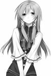 androgynous greyscale hair_ornament hair_ribbon hijiri_(resetter) long_hair looking_at_viewer male_focus monochrome original otoko_no_ko ribbon simple_background solo v_arms white_background 