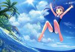  \o/ absurdres armpits arms_up bare_legs barefoot beach blush brown_eyes brown_hair cloud day highres jumping long_hair ocean one-piece_swimsuit open_mouth original outdoors outstretched_arms scan school_swimsuit sky smile solo spread_arms sun swimsuit takoyaki_(roast) twintails water 