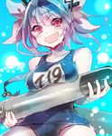  blue_hair bubble fang gradient_hair hair_ribbon holding holding_torpedo i-19_(kantai_collection) kairi_(kai_ri) kantai_collection long_hair multicolored_hair name_tag one-piece_swimsuit red_eyes ribbon school_swimsuit solo swimsuit torpedo twintails underwater 
