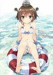  arm_support bangs bare_legs bare_shoulders barefoot bikini bikini_skirt blush brown_eyes brown_hair collarbone frilled_skirt frills headgear highres imageboard_sample jpeg_artifacts kantai_collection knees_together_feet_apart lifebuoy looking_at_viewer navel ocean peko pigeon-toed polka_dot polka_dot_swimsuit scan short_hair sitting skirt smile solo swimsuit yukikaze_(kantai_collection) 