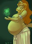  areola armlet breasts brown_eyes brown_fur canine female fur green_background hair long_hair magic mammal nightfaux orange_hair plain_background pregnant smile solo standing topless wolf 