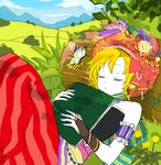  1girl blonde_hair blue_nails butterfly earrings eyes_closed final_fantasy final_fantasy_vi hat jewelry kiisa lying nail_polish on_back outdoors pants relm_arrowny sleeping solo striped striped_legwear vertical-striped_legwear vertical_stripes 
