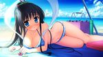  1girl arm_support bangs bare_legs bare_shoulders barefoot beach bikini black_hair blue_bikini blue_eyes blush breasts cleavage cloud collarbone floral_print hair_ornament large_breasts long_hair looking_at_viewer lying magical_marriage_lunatics!! mitsu_no_tama_yori_hime navel o-ring_bottom on_side ponytail sky solo swimsuit thermos thigh_gap very_long_hair wet yamakaze_ran 