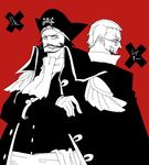  2boys back-to-back color_background crossed_arms facial_hair glasses gol_d_roger hat jacket monochrome multiple_boys mustache one_piece pirate red_background sash shivanel silvers_rayleigh souji_(souji-59) 