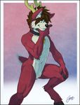  antlers brown_hair canine cervine collar deer feralise fox fur hair horn hybrid male mammal one_leg_up purple_fur solo standing wruff 