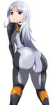  1girl aila_jyrkiainen artist_request ass bent_over blue_eyes bodysuit expressionless from_behind gundam gundam_build_fighters huge_ass long_hair looking_at_viewer looking_back silver_hair solo 
