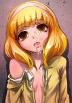  after_rape bare_shoulders blonde_hair breasts cardigan cum cum_in_mouth cum_on_body cum_on_breasts cum_on_upper_body empty_eyes facial fucked_silly fujimaki_(artist) hairband kise_yayoi open_cardigan open_clothes open_mouth open_shirt precure shirt short_hair small_breasts smile_precure! solo tears white_hairband yellow_eyes 