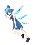  ascot blue_eyes blue_hair bow cirno full_body grin hair_bow highres ice ice_wings ponkotsu_(ayarosu) short_hair smile solo teeth touhou transparent_background wings 