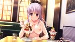  1girl areolae blush breasts chair chocolate collarbone cup drink food fork game_cg hair_ribbon highres ice_cream jujurou large_breasts long_hair looking_at_viewer nipples nude ponytail purple_eyes purple_hair restaurant ribbon sitting smile solo sundae table zenra 
