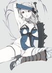  arm_up armpits asymmetrical_hair asymmetrical_legwear bad_id bad_pixiv_id bandaged_arm bandaged_leg bandages bangs bare_shoulders blunt_bangs bow braid breasts breasts_apart buckle criss-cross_halter cross-laced_clothes elbow_gloves eyes_visible_through_hair flower frills gloves grey_eyes hair_flower hair_ornament hair_rings halter_top halterneck high_heels highres hips holding holding_weapon jagged_sword kaine_(nier) lace lace-trimmed_panties large_breasts leg_warmers lingerie looking_at_viewer megumoke navel negligee nier nier_(series) panties parted_lips shoes short_hair silver_hair simple_background sitting solo sword thigh_strap underwear weapon white_panties 