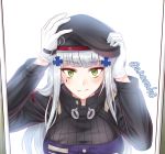  1girl bangs beret blush breasts bright_background commentary_request facial_mark girls_frontline gloves green_eyes hair_ornament hand_on_headwear hands_on_headwear hat hk416_(girls_frontline) large_breasts long_hair long_sleeves o.k.corral silver_hair simple_background solo teardrop translation_request twitter_username upper_body white_gloves 