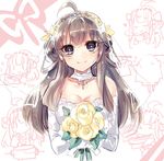  &gt;_&lt; :&gt; ahoge bouquet brown_eyes brown_hair closed_eyes dress flower hairband heart jewelry kantai_collection kinosaki_reisui kongou_(kantai_collection) long_hair looking_at_viewer necklace smile solo strapless strapless_dress wedding wedding_dress 