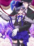  blue_eyes blue_hair ciel_phantomhive closed_eyes eyepatch flower hat kuroshitsuji male_focus mika_mikan mouth_hold multiple_boys ribbon ribbon_in_mouth rose sebastian_michaelis shorts striped striped_legwear thighhighs 