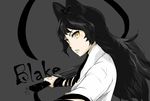  artist_name bangs black_bow black_hair black_ribbon blake_belladonna bow character_name cleaver dated english grey_background hair_bow hatchet long_hair looking_at_viewer looking_to_the_side night_(ntnt0987) oriental_hatchet parted_lips reverse_grip ribbon rwby shirt signature simple_background solo white_shirt yellow_eyes 