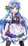  :d adapted_costume alternate_costume apron black_legwear blue_hair bow bowtie collared_shirt dress e.o. enmaided food food_on_head frilled_skirt frills fruit fruit_on_head highres hinanawi_tenshi long_hair looking_at_viewer maid maid_apron maid_headdress object_on_head open_mouth peach puffy_short_sleeves puffy_sleeves red_eyes shirt short_sleeves skirt smile solo thighhighs touhou tsurime very_long_hair zettai_ryouiki 