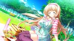  1girl bench blonde_hair eyes_closed food game_cg julia_lin_road long_hair magical_marriage_lunatics!! park picnic picnic_basket solo thermos thighhighs tree twintails yamakaze_ran 