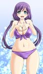  bikini breasts cleavage green_eyes heart heart_hands large_breasts long_hair love_live! love_live!_school_idol_project purple_hair swimsuit tonpuu toujou_nozomi twintails wide_hips 