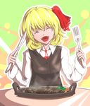  :d ^_^ blonde_hair closed_eyes food fork fuyuno_(kiddyland) hair_ribbon knife meat open_mouth plate ribbon rumia short_hair smile steak steam touhou 
