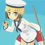  alternate_costume bad_id bad_pixiv_id between_fingers blonde_hair blue_background blue_eyes blush bottomless broom brown_hair candy chameleon_man_(three) erica_hartmann food hat holding leaning leaning_forward lollipop long_sleeves looking_at_viewer multicolored_hair neckerchief sailor sailor_collar sailor_hat smile solo strike_witches two-tone_hair water wet wet_clothes world_witches_series 