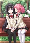  akemi_homura bench black_hair blush cat closed_eyes hand_on_another's_leg headband highres imminent_kiss kaname_madoka kazenokaze kyubey long_hair mahou_shoujo_madoka_magica multiple_girls nichijou panties pantyhose pantyshot pantyshot_(sitting) pink_hair purple_eyes sakamoto_(nichijou) school_uniform short_twintails sitting thighhighs twintails underwear white_panties yuri 