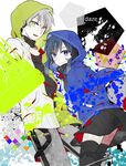  1boy 1girl blue_eyes blue_hair daze_(kagerou_project) ene_(kagerou_project) green_eyes grey_hair headphones highres hood hoodie kagerou_project konoha_(kagerou_project) long_hair twintails 