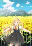  air blonde_hair closed_eyes flower highres kamio_misuzu long_hair outstretched_arms school_uniform smile sunflower yui_(ntm-21) 