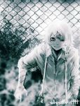  androgynous bad_id bad_pixiv_id bush hair_ornament hairclip loose_clothes loose_shirt male_focus monochrome one_eye_closed red_eyes shirt shoutarou_(shoutarotttt) smile solo stitches suzuya_juuzou tokyo_ghoul 