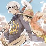  2boys hat jump jumping monkey_d_luffy multiple_boys one_piece open_clothes open_shirt shirt shorts smile straw_hat sword trafalgar_law weapon zombie_(ebcho1997) 