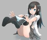  asashio_(kantai_collection) bad_id bad_pixiv_id black_hair blue_eyes blue_panties bow bow_panties comah flying_sweatdrops kantai_collection long_hair open_clothes open_mouth open_shirt panties panty_pull shirt sitting solo thighhighs underwear undressing 