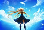  air blonde_hair boots feathers from_behind kamio_misuzu long_hair momopanda outstretched_arms school_uniform spread_arms very_long_hair 