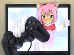  amy_rose animal_ears blush controller dress dualshock game_console game_controller gamepad gloves green_eyes hairband humanization pink_hair playstation risu_kurosaki short_hair smile solo sonic_the_hedgehog through_screen 